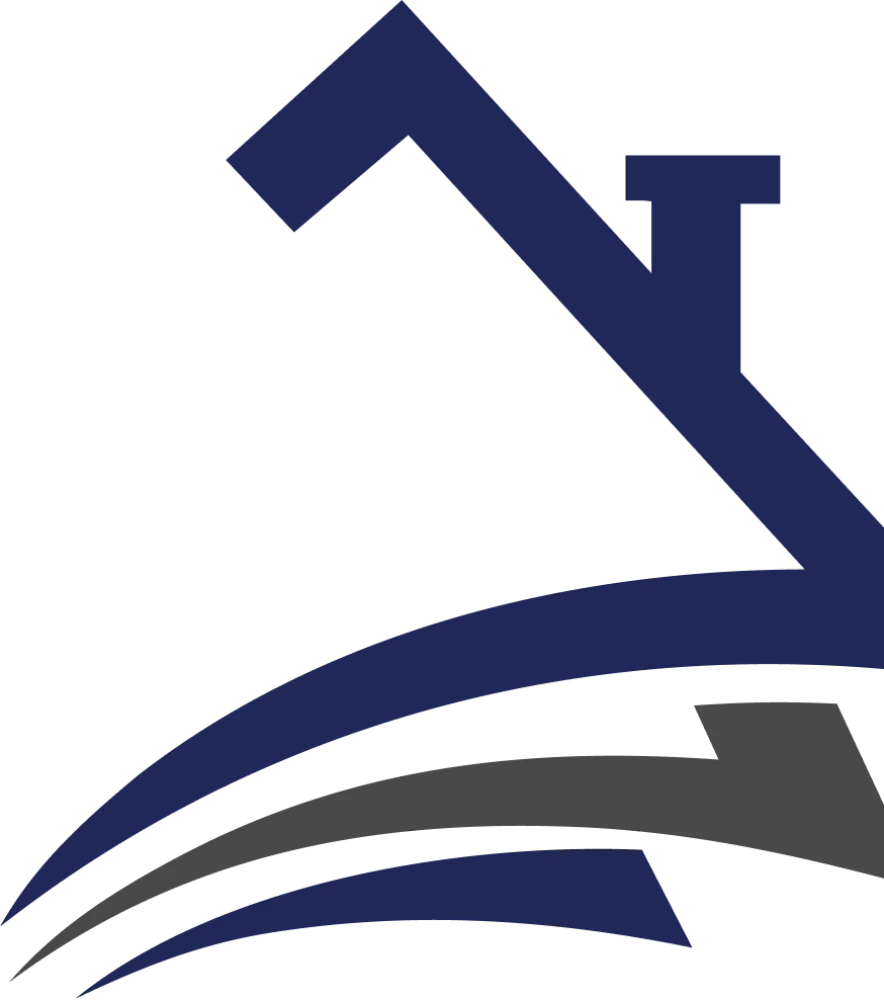 Blau-graues Logo mit stilisierter Dach-Silhouette und geschwungenen Linien